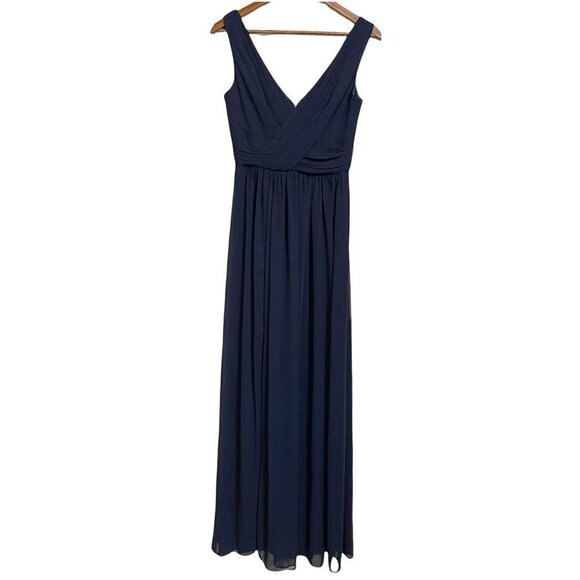 Dessy Collection Womens NWOT Blue Sleeveless Draped Chiffon Front Slit Gown Sz 6 - Picture 3 of 10